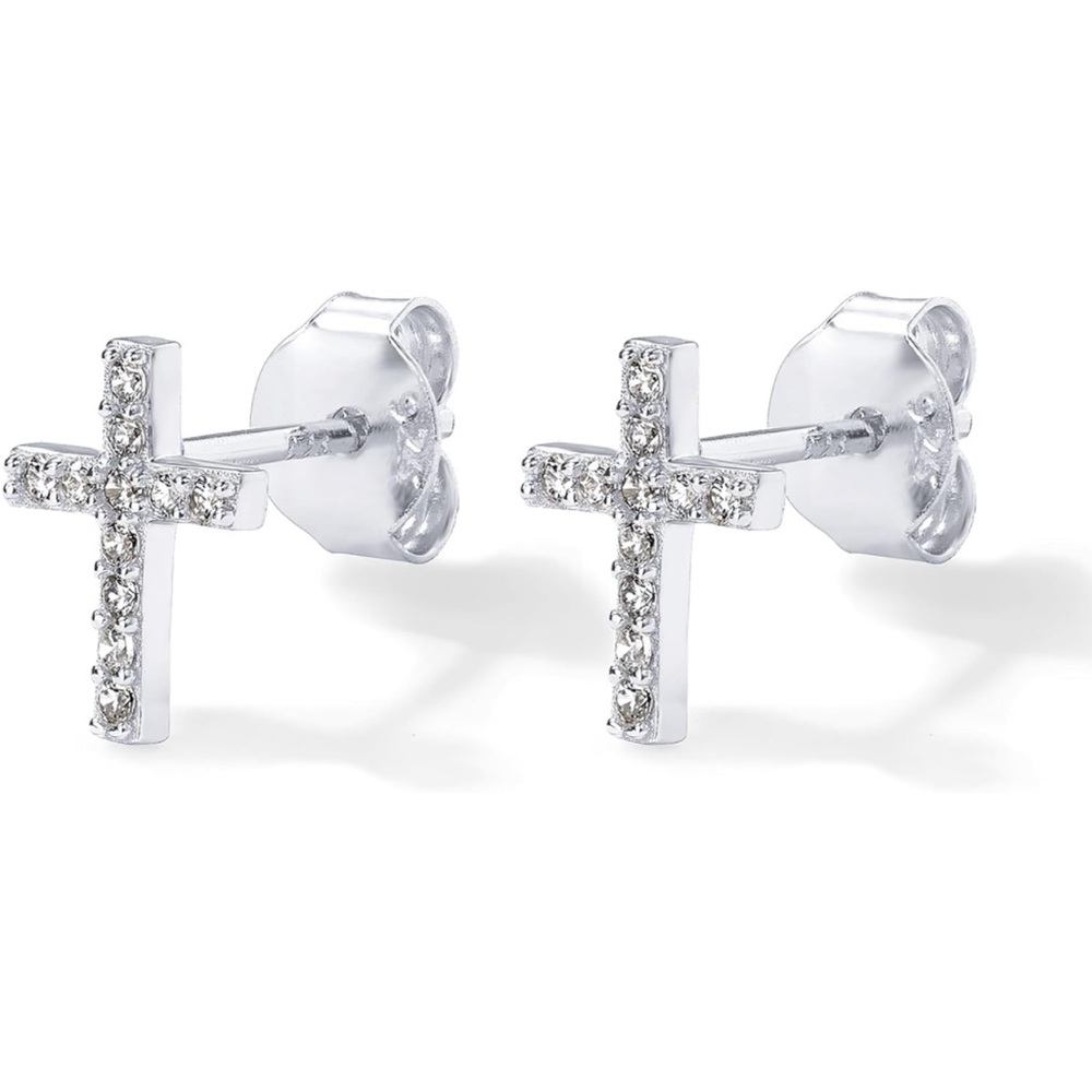 14K White Gold Plated Cross Earrings
